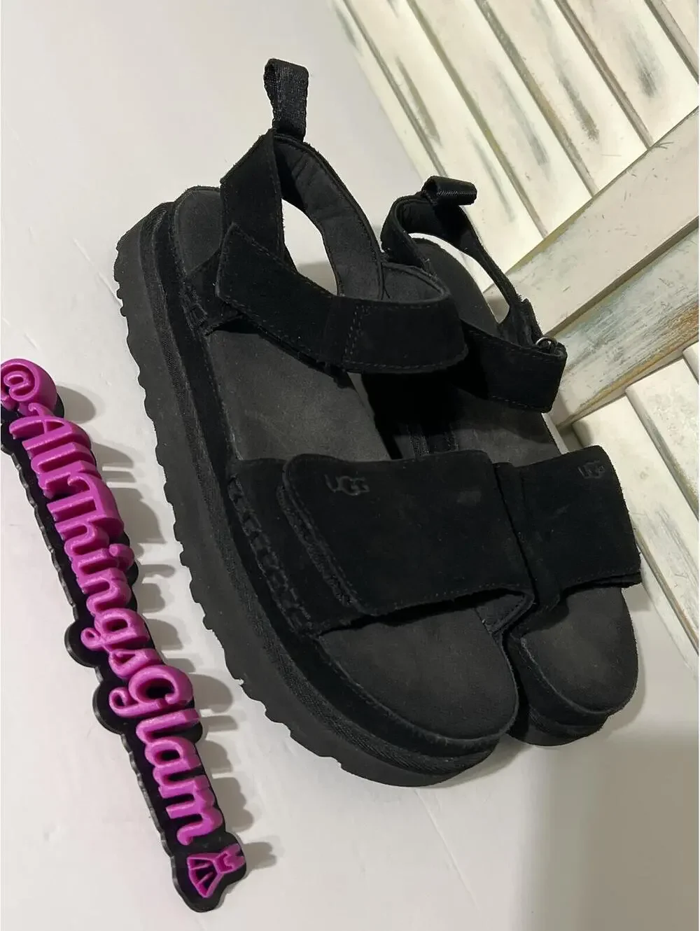UGG Goldenstar Black Suede Platform Sandals 9 - Picture 3 of 7